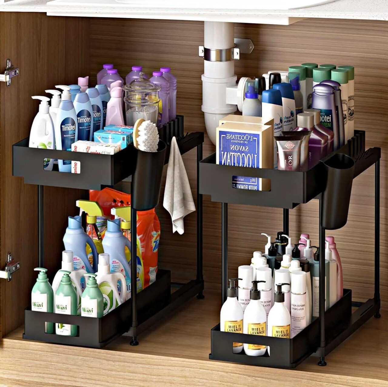 Double Sliding 2PC Under Sink Organizer, 2 Tier Bathroom Organizer with 2 Cup 8 Hooks, Multi-purpose Under Cabinet Storage Rack, Under Sink Organizers and Storage for Home Kitchen Organization
